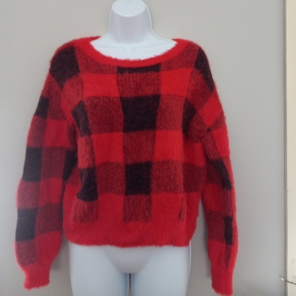 Express Red Black Buffalo Plaid Sweater Slouchy  Size M